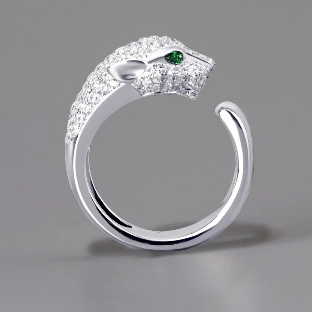 Beautiful Homage Green Eyed Diamond Panther Head Ring .925 Sterling Silver - Picture 3 of 9